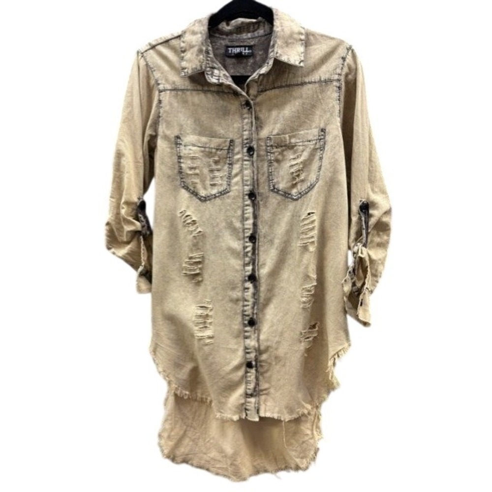 Thrill Jeans Womens Distressed Denim Shirt Dress Tan Acid Wash High Low Medium